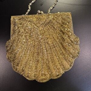 La Regale Gold Beaded Sea Shell Evening Bag Clutch Purse Formal Party Event